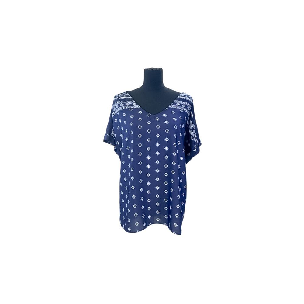 True Self Blue Boho Short Sleeve V-Neck Lightweight Blouse Women’s Size 2X